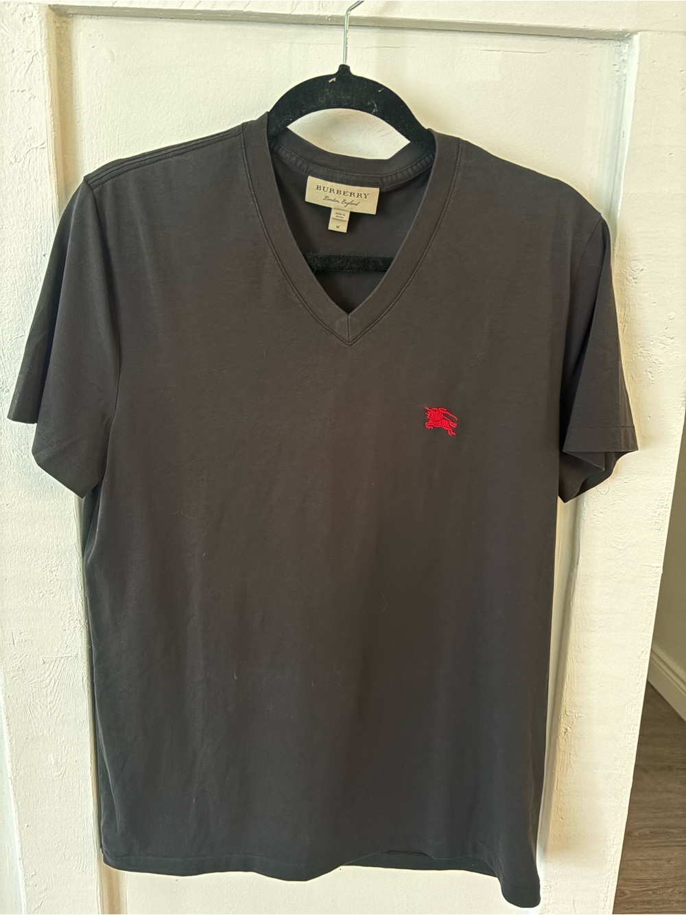 Burberry Black V-Neck Short Sleeve Tee with Red Logo
